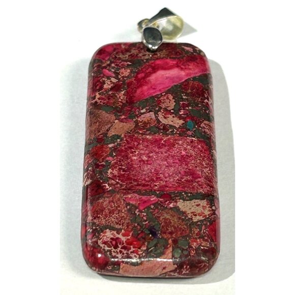 Fuchsia Pink Red Marbled Polished Smooth Stone Pendant Rounded Rectangle 2" - Picture 1 of 8